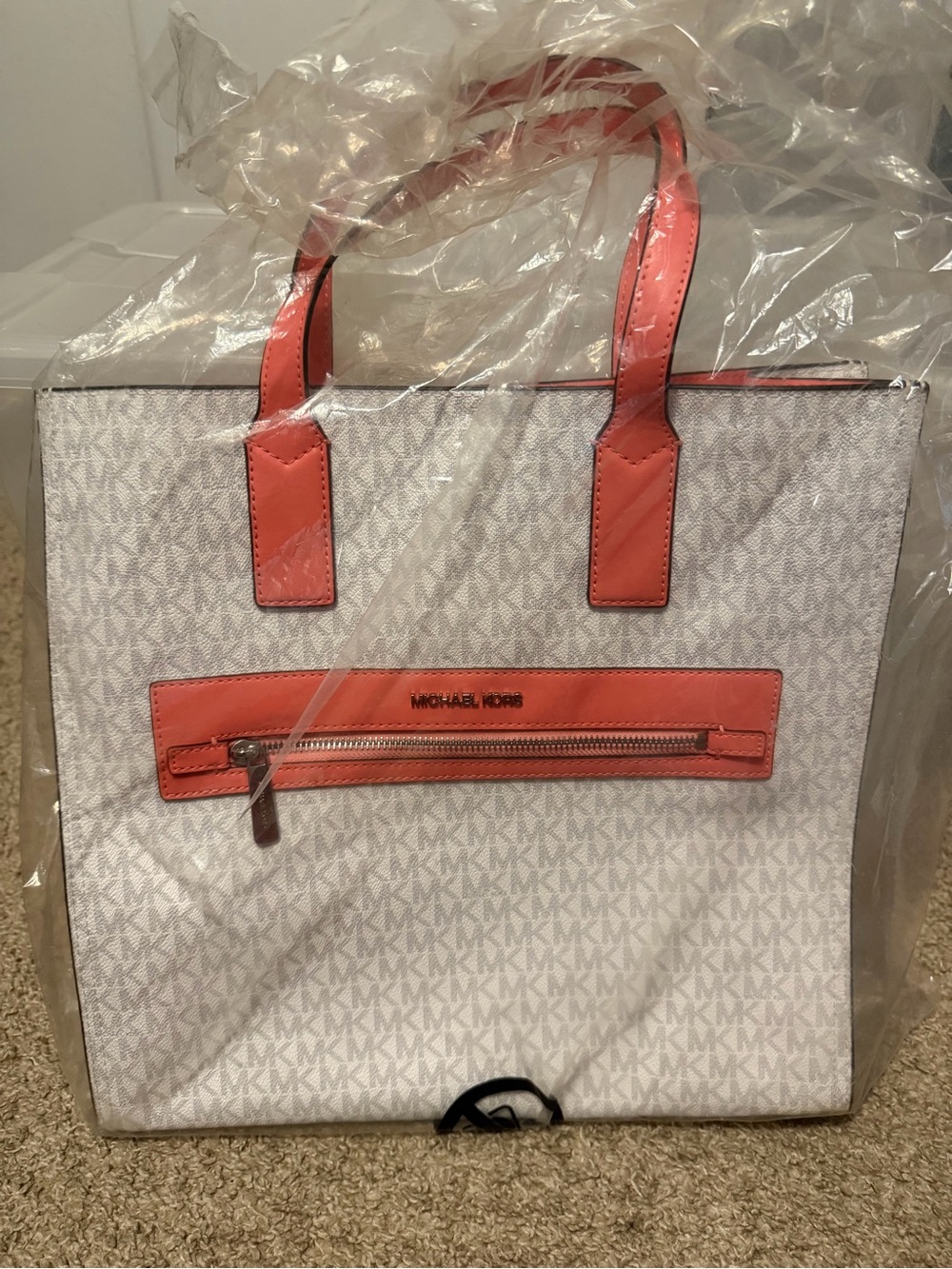 Michael Kors White & Coral MK Monogram Tote